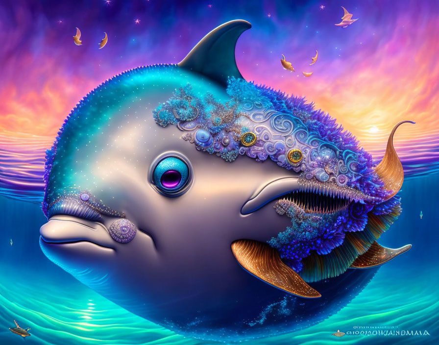 Colorful digital artwork: whimsical dolphin with jewel-like patterns in sunset scene
