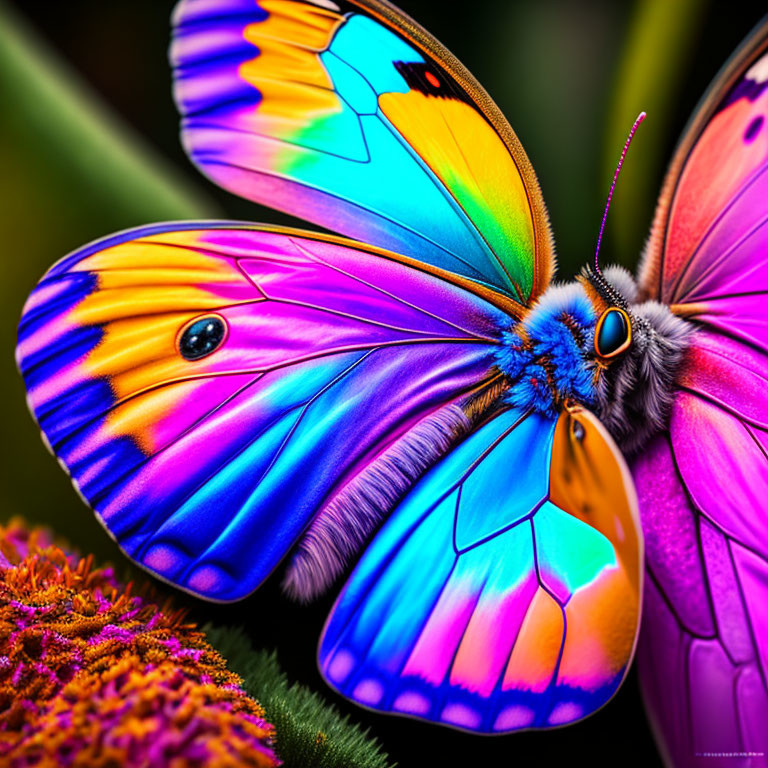 Colorful Butterfly Close-Up on Flower with Blue, Orange, and Yellow Patterns