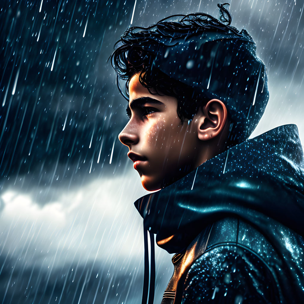 Profile of young person with dark hair in rain wearing jacket against stormy sky.