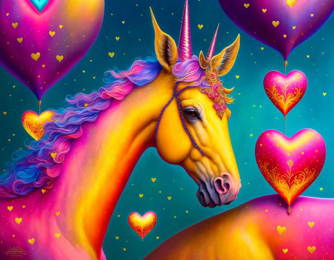 Colorful Golden Unicorn with Heart Balloons on Blue Background