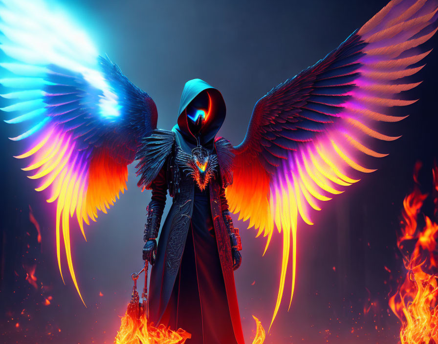 Figure in hooded cloak with glowing wings amidst flames and chain.