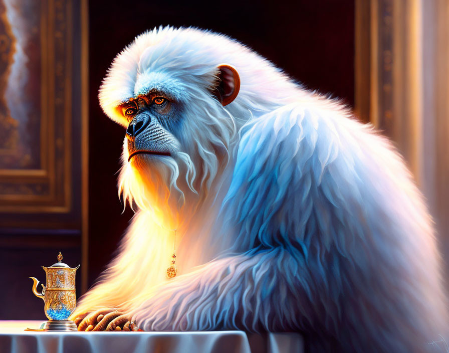 White Monkey with Orange Eyes and Pendant Sitting by Table with Teapot