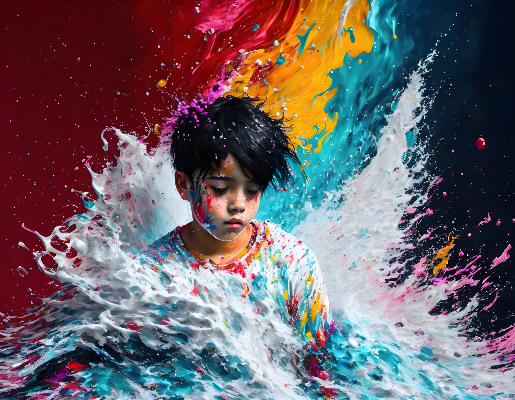 Paint-splattered person surrounded by vibrant colors on dark background