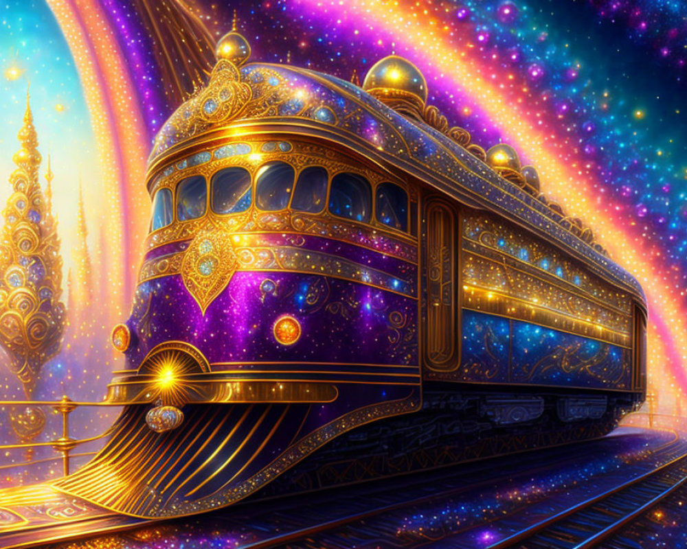 Colorful Fantasy Train Travels Through Starry Nebula