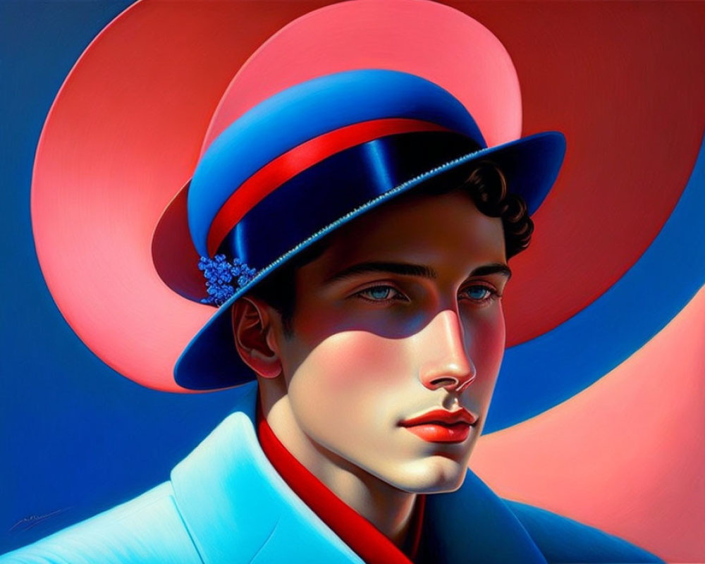 Colorful digital illustration of a person with blue eyes and stylish hat