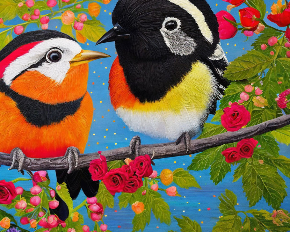Colorful birds on branch with roses against blue background