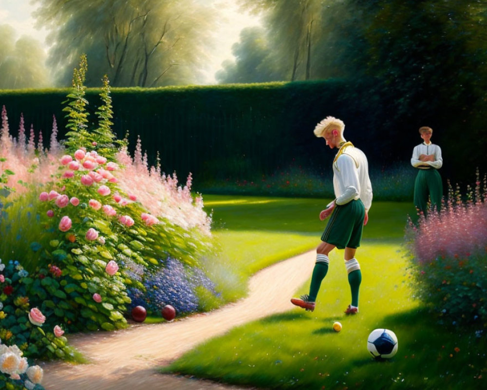Young soccer player on sunlit garden path with flowers, older spectator in background