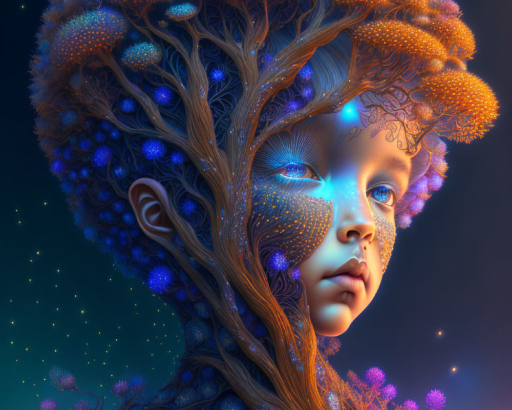 Child portrait with tree structure and coral hair in surreal setting