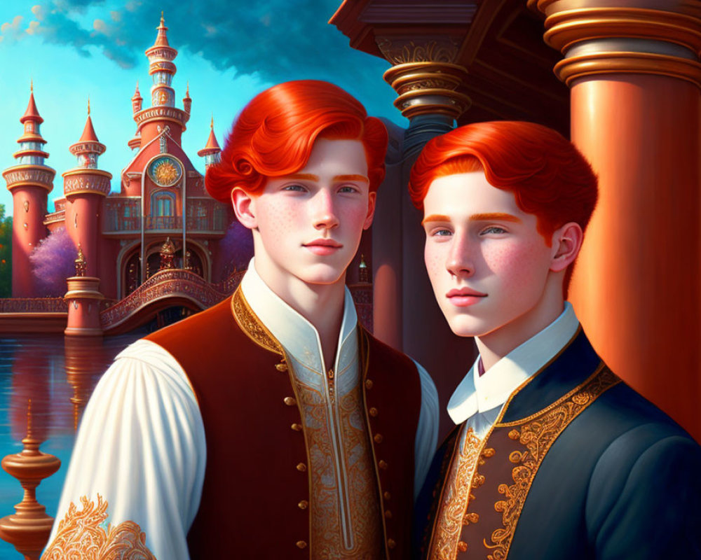 Fantasy palace backdrop with two redheaded individuals in warm colors