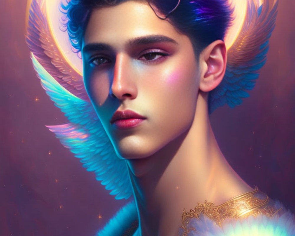 Digital portrait of person with angelic features, blue wings, halo, warm colors, and face highlights