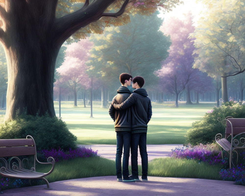 Couple embracing in tranquil park with blooming trees and sunlight.