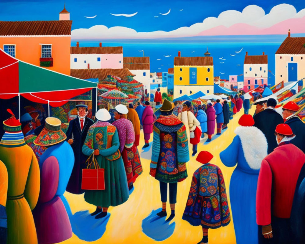 Vibrant painting of bustling market scene with colorful people and traditional houses