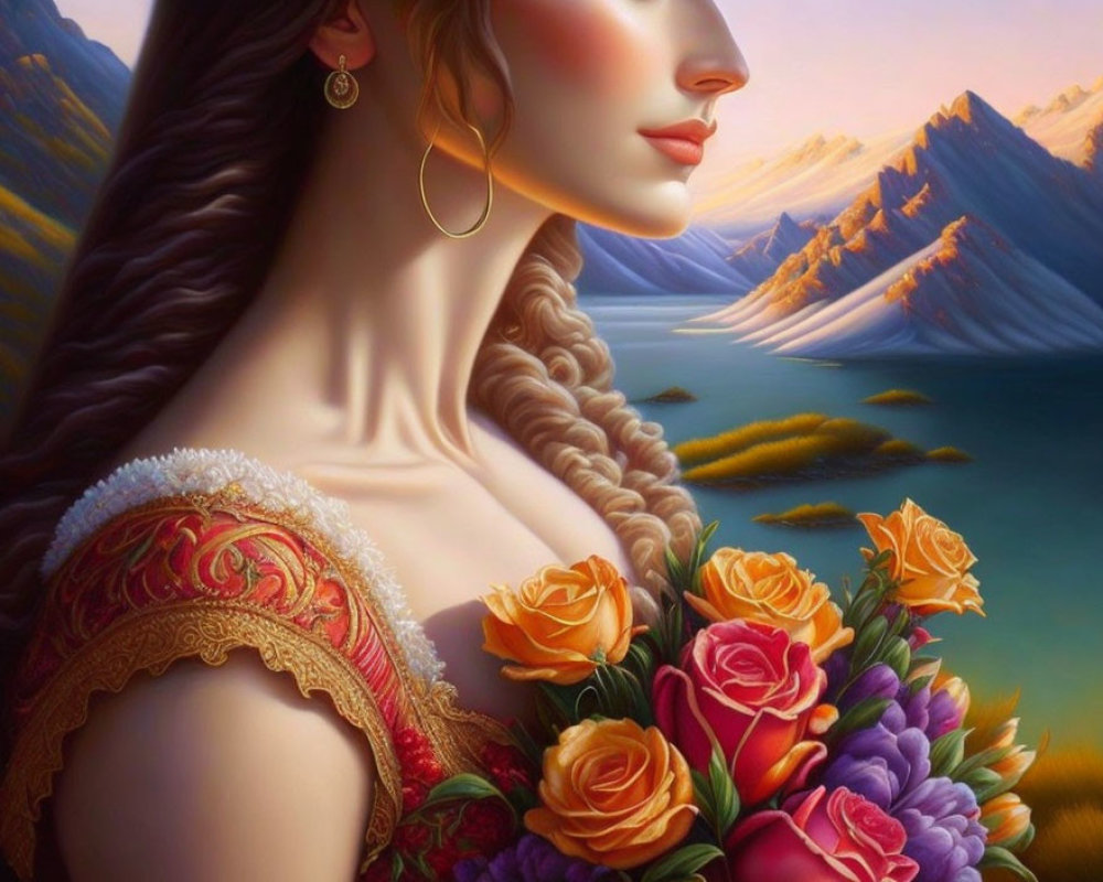 Woman with Long Braid Holding Roses in Mountain Landscape