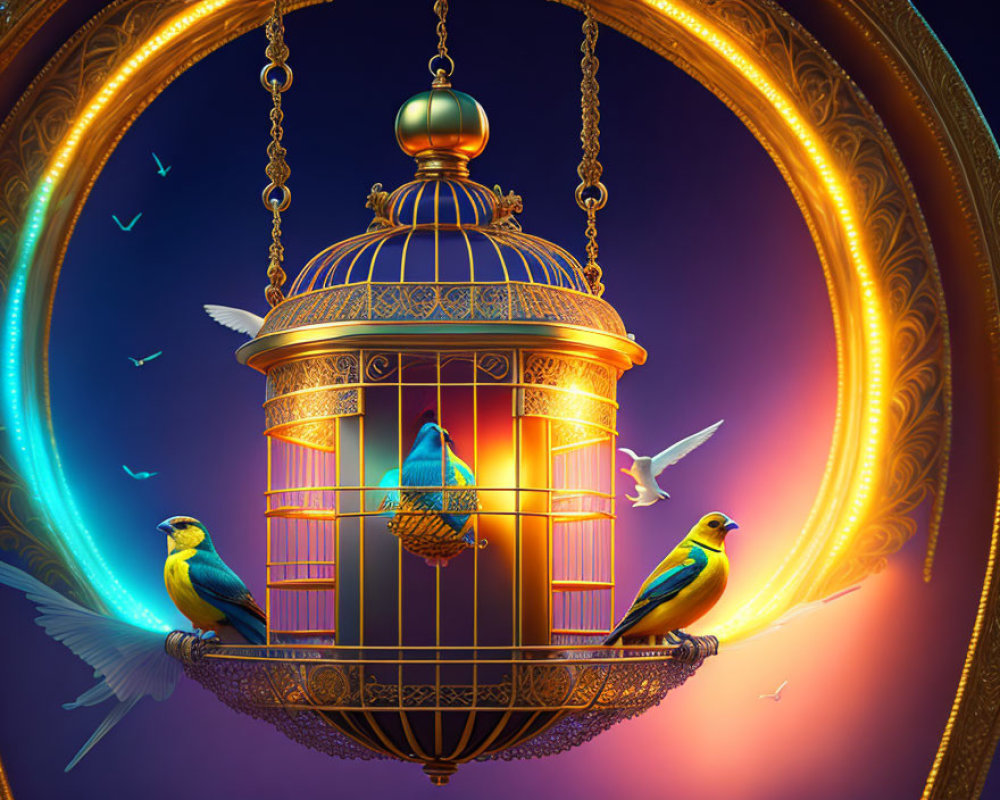 Vibrant birds in golden ornate birdcage against twilight sky