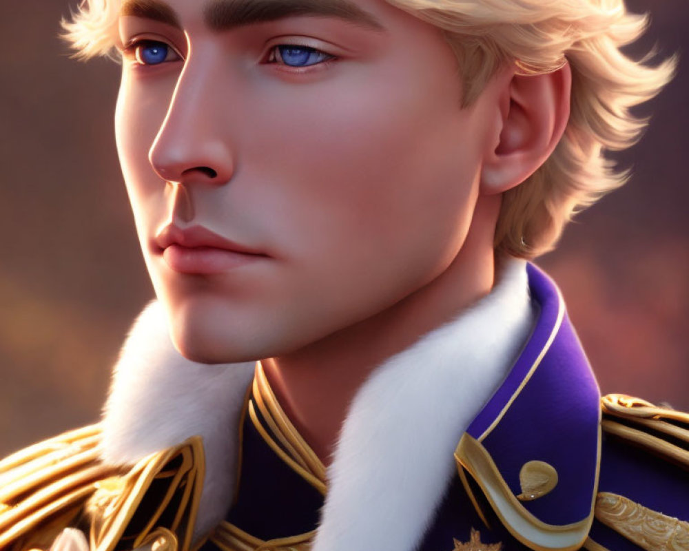 Digital art portrait of male character with blond hair, blue eyes, royal blue uniform, gold epa