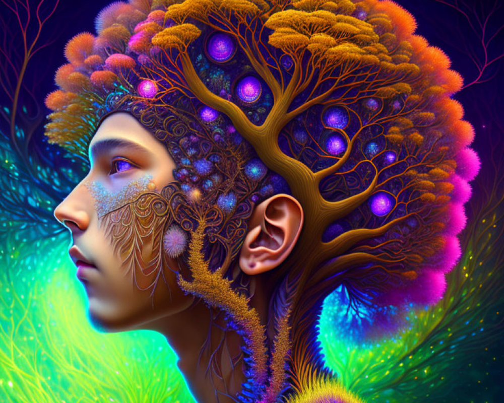 Colorful digital artwork: Person with tree headpiece and glowing orbs on neon background