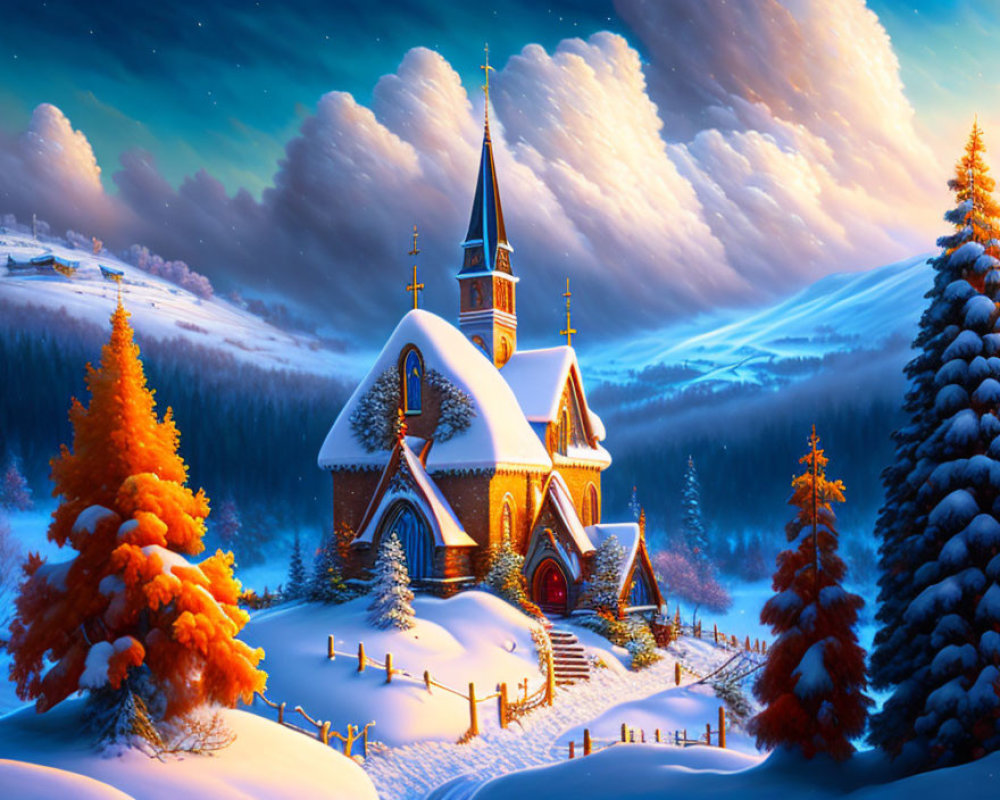 Snow-covered church and orange trees in serene winter landscape