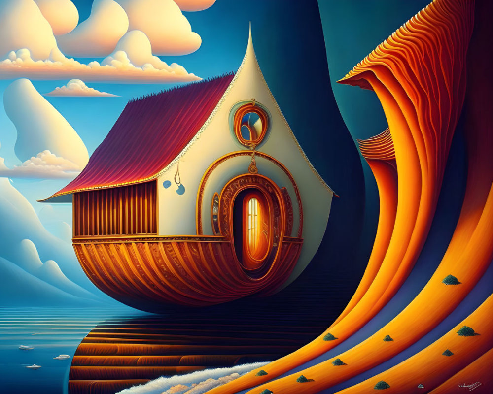 Surreal boat-shaped house on waves with red roof and orange cliff