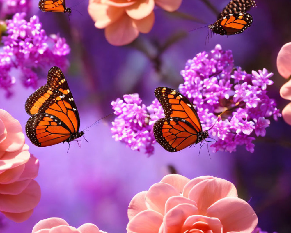 Monarch Butterflies on Vibrant Purple and Pink Flowers