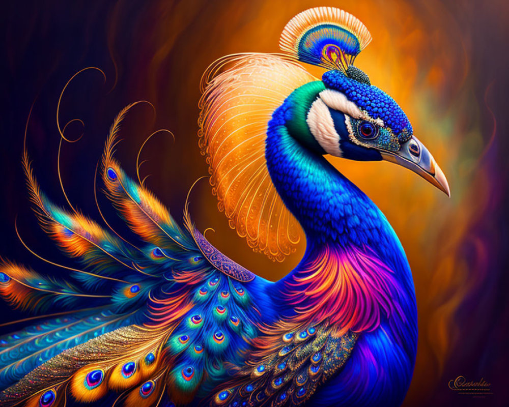 Colorful digital artwork: Peacock with vibrant blue and golden plumage