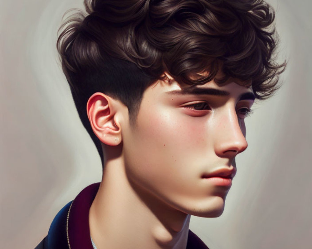 Young man's digital portrait: curly hair, sharp jawline, dark jacket with red lining