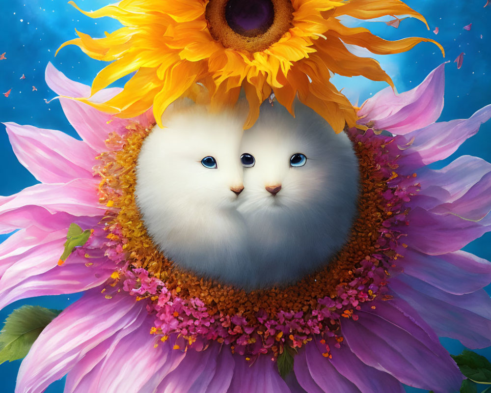Illustration of creature with two cat faces, sunflowers, pink petals, starry blue background