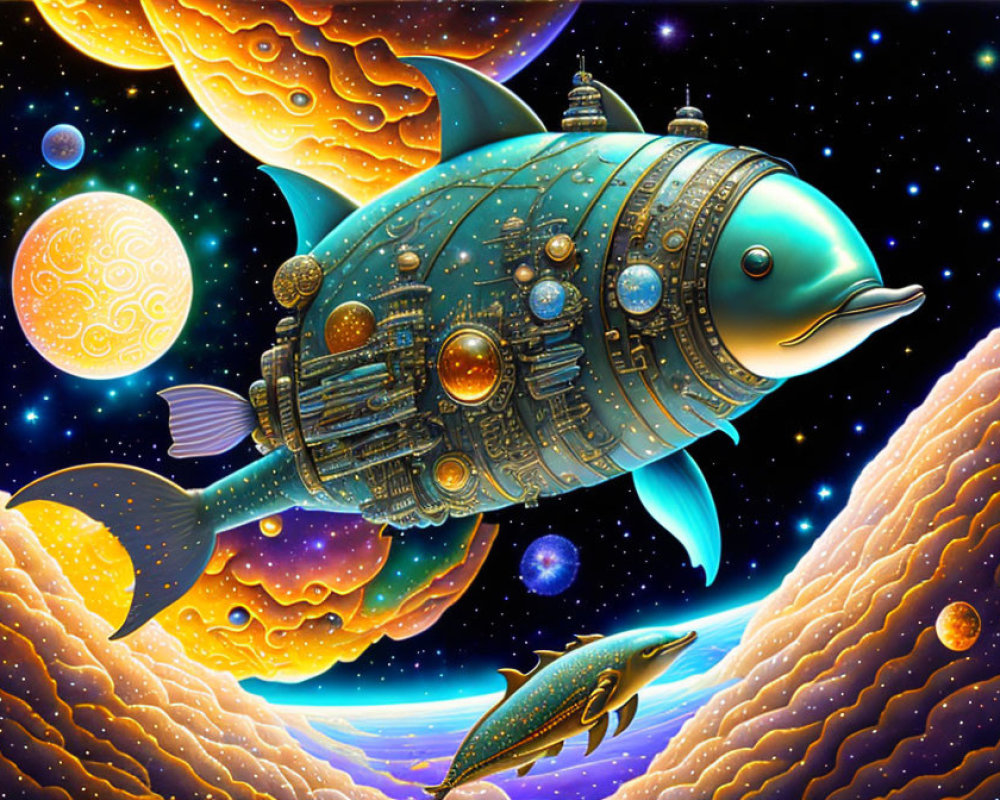 Colorful fish with mechanical features in cosmic setting.