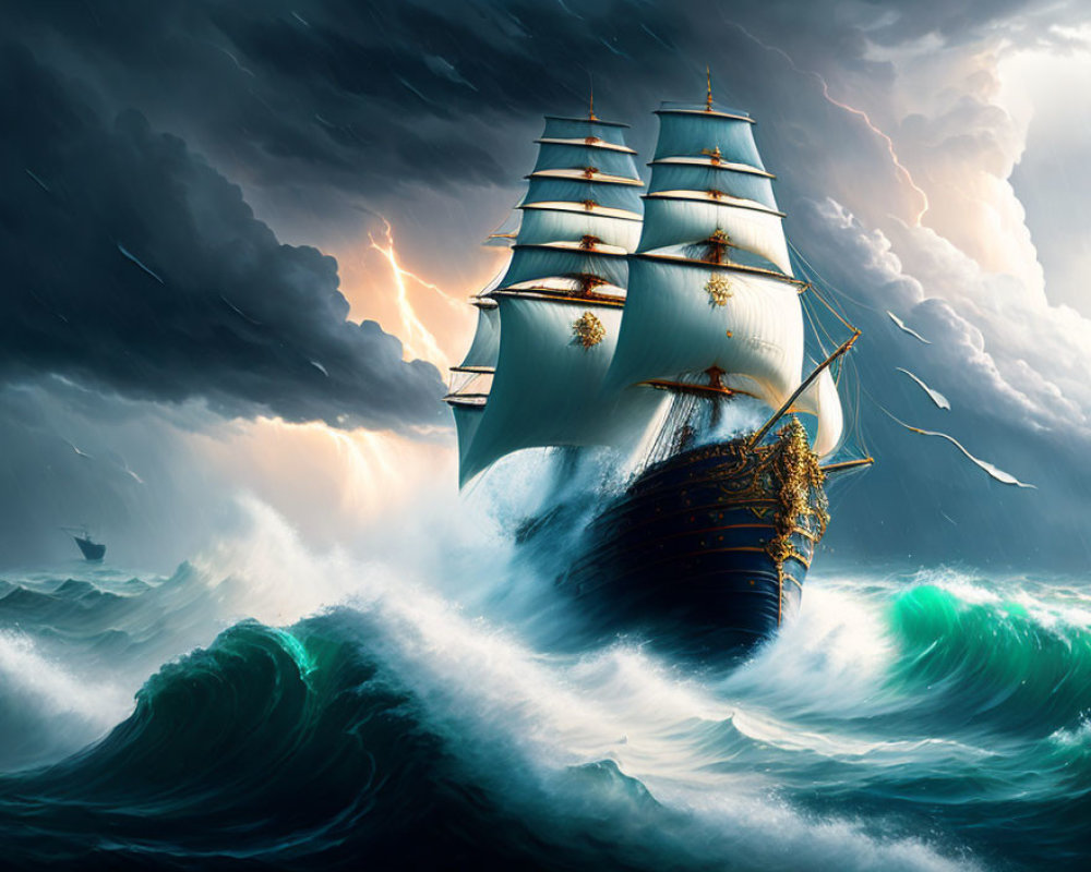 Tall ship battling through stormy seas with lightning in the sky