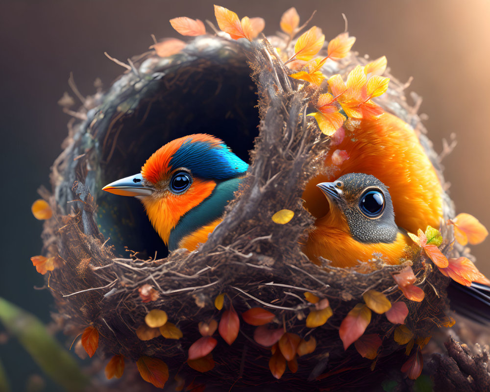 Colorful Birds in Autumn Nest with Blurred Background