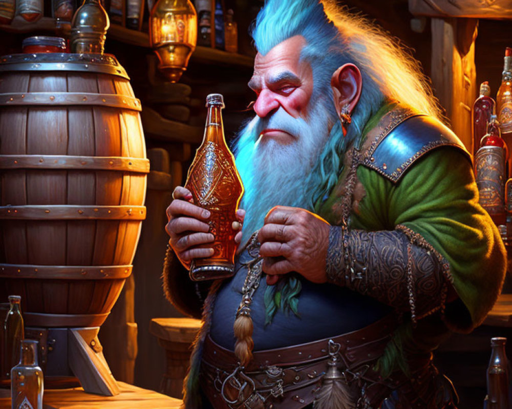 Detailed illustration of elderly fantasy dwarf with blue hair and beard, holding glass bottle in cozy tavern setting.