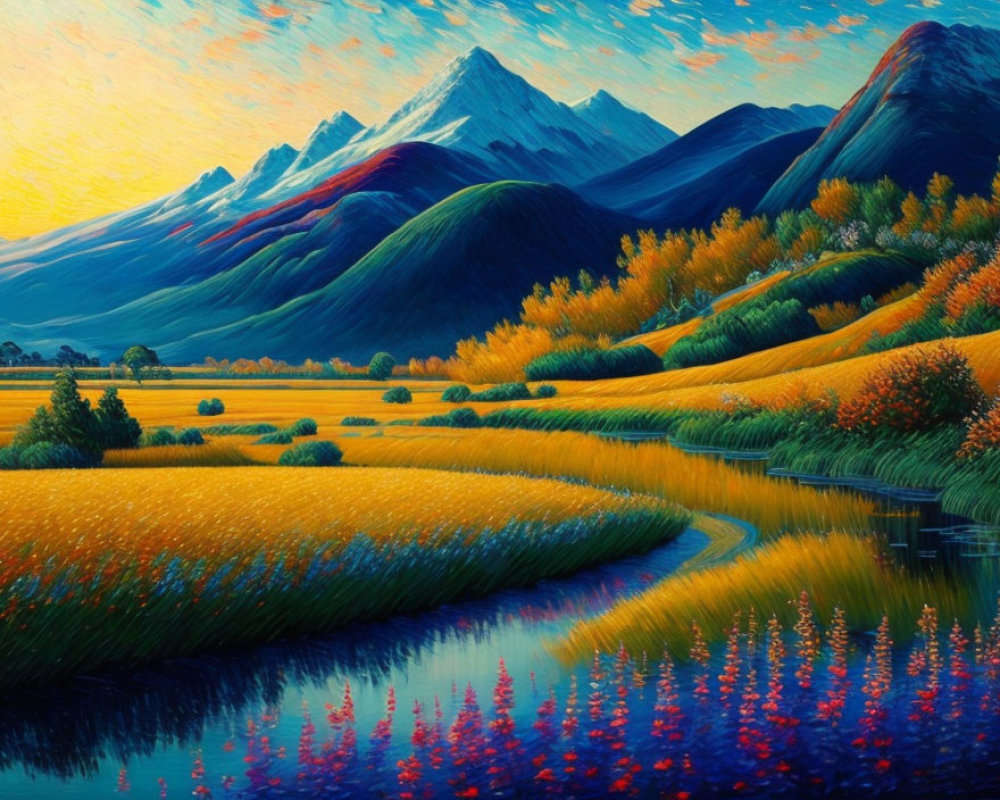 Scenic painting of meandering river in golden fields