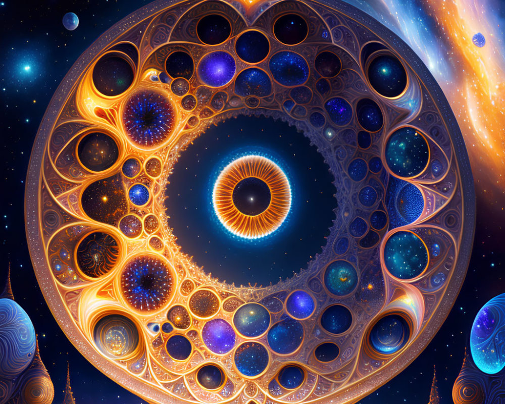 Colorful cosmic mandala with eye motif and celestial bodies in digital art.