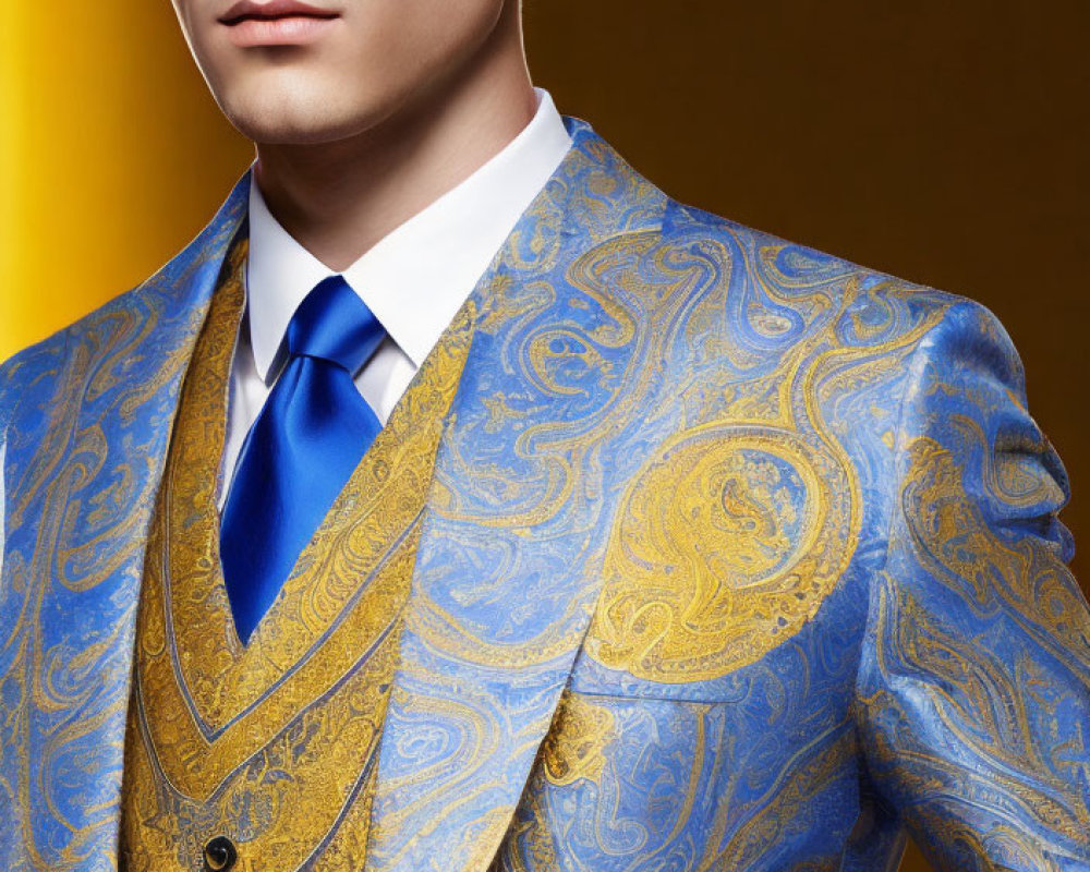Chiseled Jawline Man Models Luxurious Blue and Gold Suit in Yellow Background