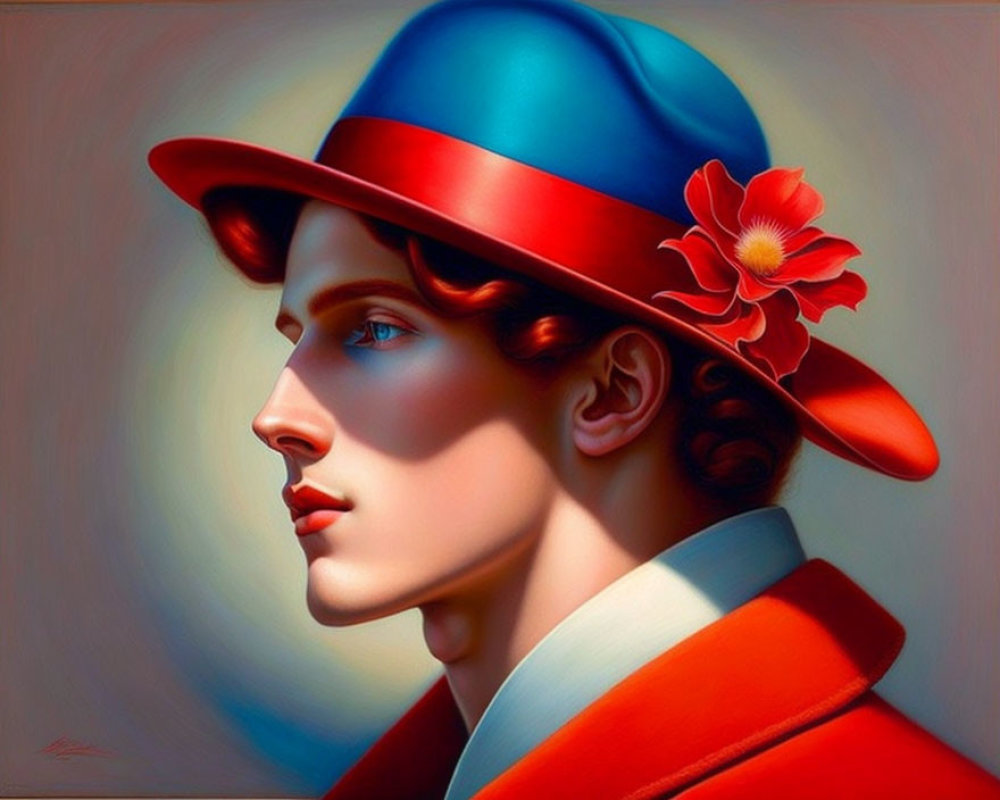 Vibrant portrait of a person in blue and red hat and coat
