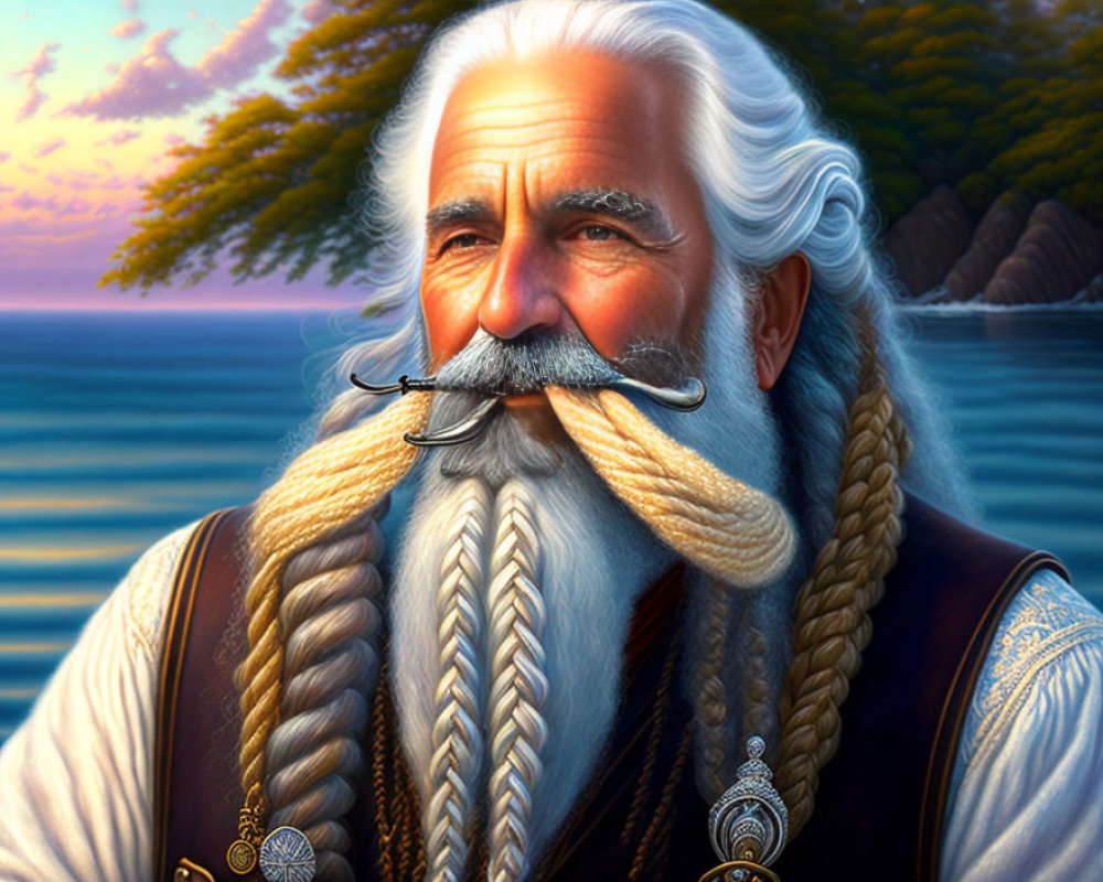 Elderly man with long white beard in nautical attire at beach sunset