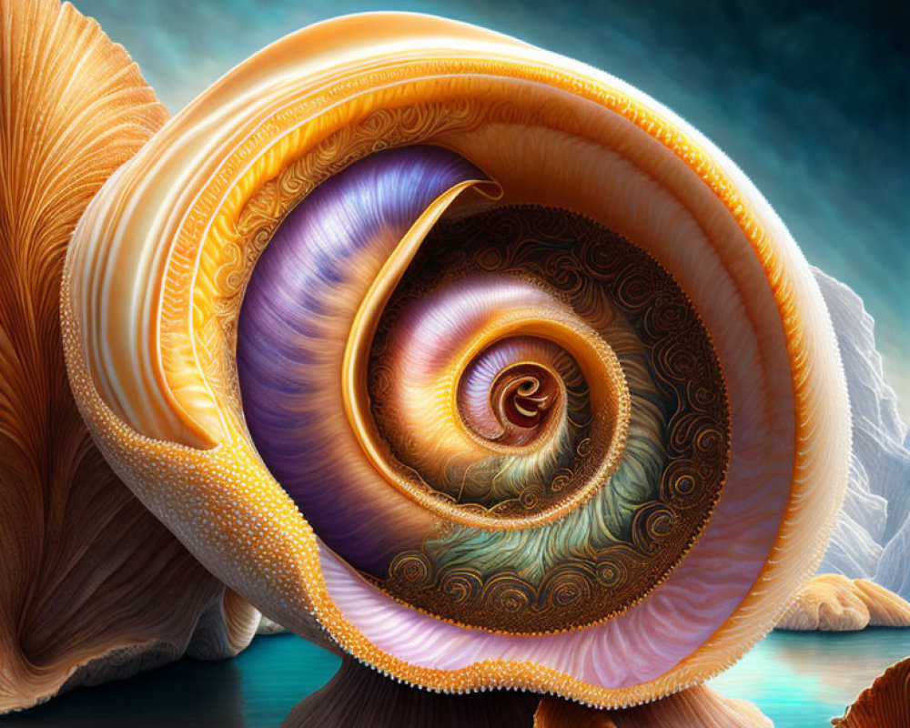 Colorful Digital Artwork: Nautilus Shell with Warm Gradient Patterns