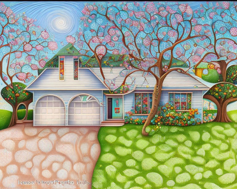 Colorful Stylized Painting of Quaint House with Double Garage
