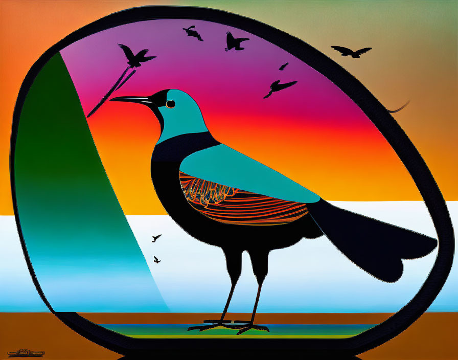 Colorful Stylized Bird Graphic in Oval Frame