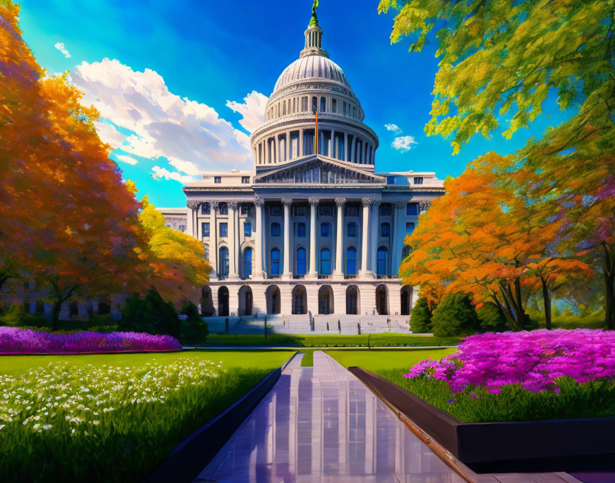 United States Capitol Building with Colorful Landscape and Blue Skies