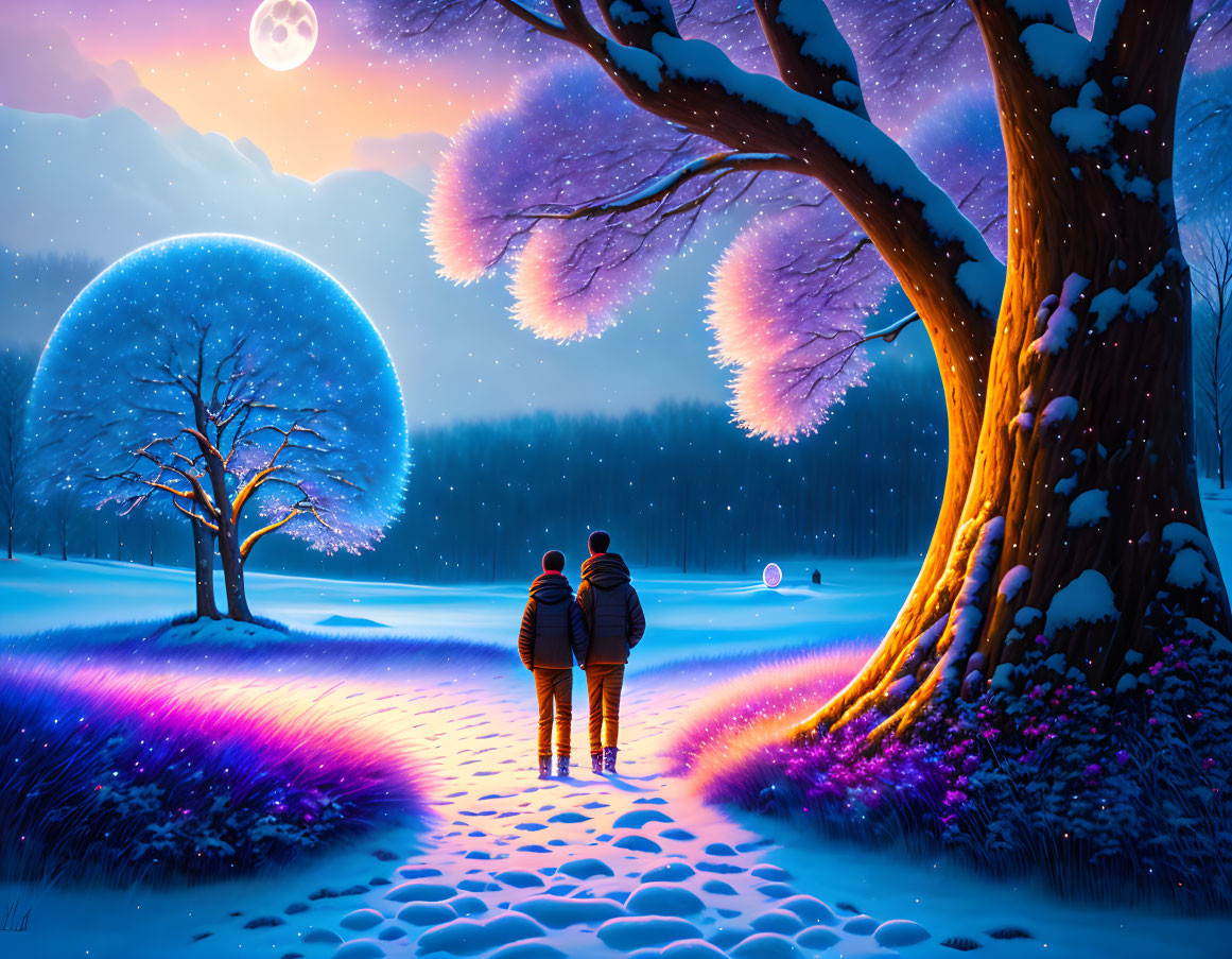 Couple admires snowy night landscape with glowing trees and full moon