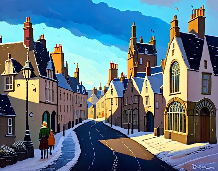 Vibrant winter street scene with snow-covered rooftops