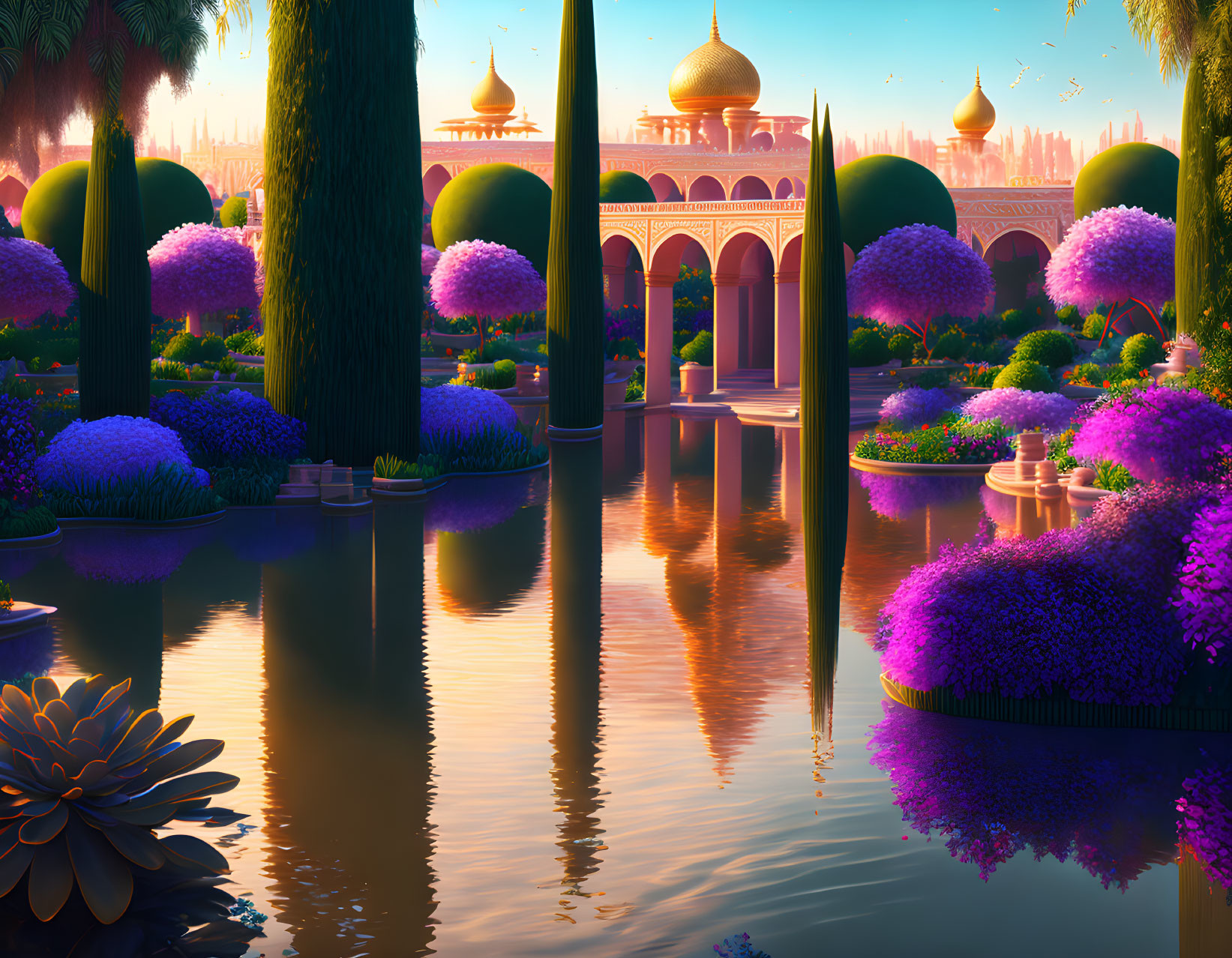Fantasy garden with purple foliage, water features, and domed structures