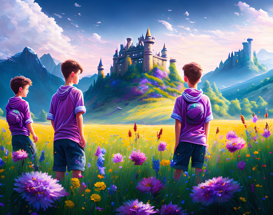 Three boys in vibrant flower field with castle & mountains.