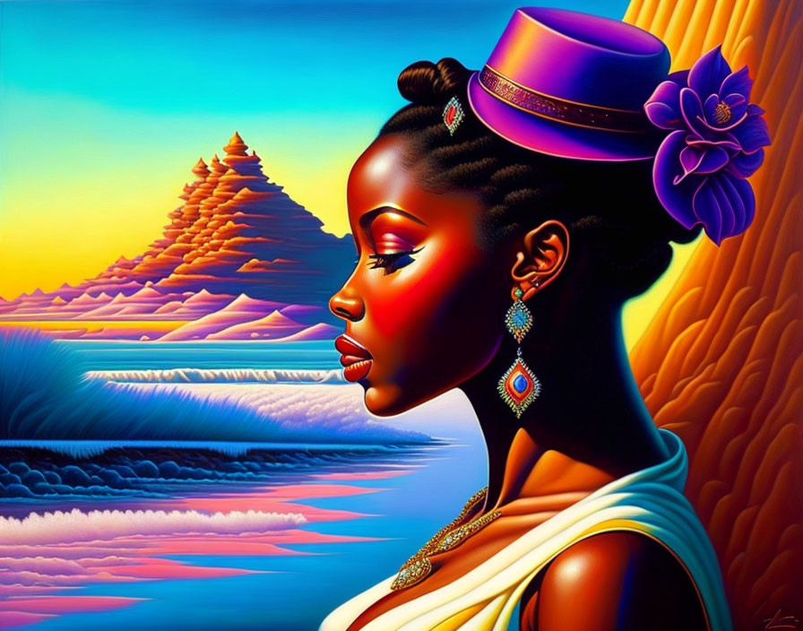 Colorful woman portrait with sunset, pyramids, and river in background