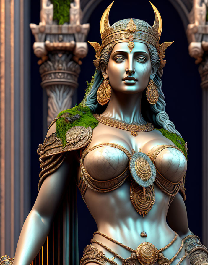 Mythological Female Figure in Golden Armor and Headdress on Architectural Background