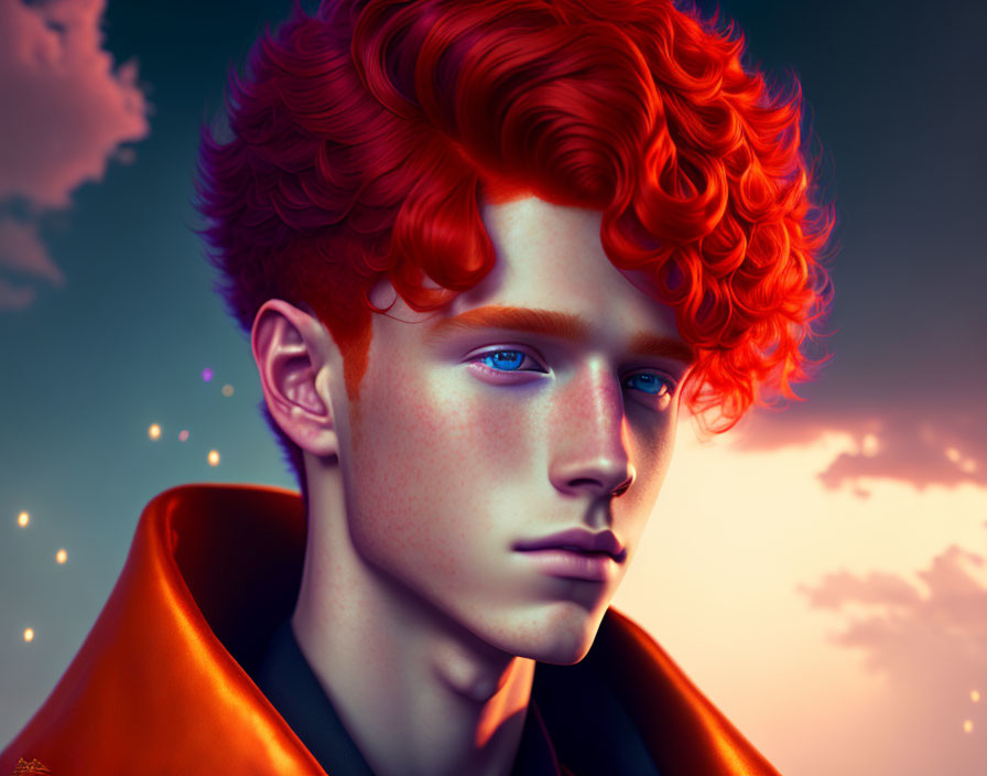 Vivid red hair and blue eyes in digital art against twilight backdrop