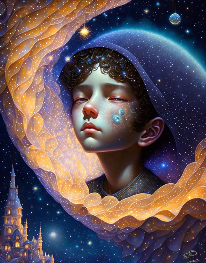 Child's face blended with cosmic elements and castle in starry night scene.