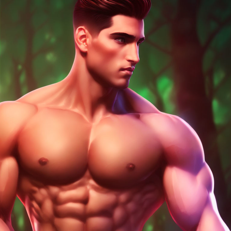 Muscular man illustration with sculpted abs and defined pecs in forest setting