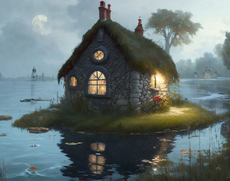 Thatched roof stone cottage on moonlit island reflected in water