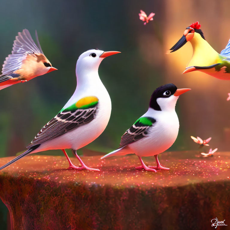 Stylized birds and butterflies in magical forest scene